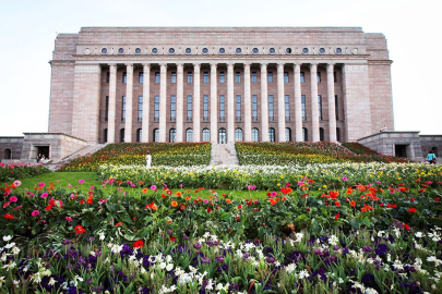 Finlandiya'da çevreciler, parlamento binasının girişini kırmızıya boyadı